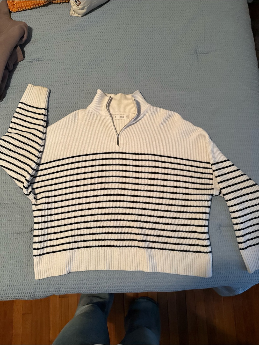 Mango White Ribbed Quarter-Zip Sweater with Black Stripes